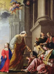 Santa Ana, acompañada por la Virgen María, dando limosna